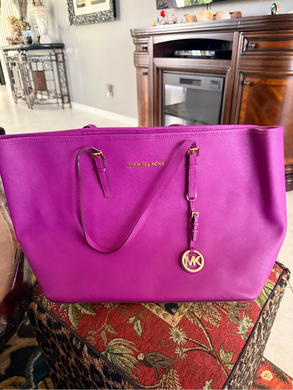 Michael Kors Fuchsia Saffiano Leather Tote with Gold Hardware